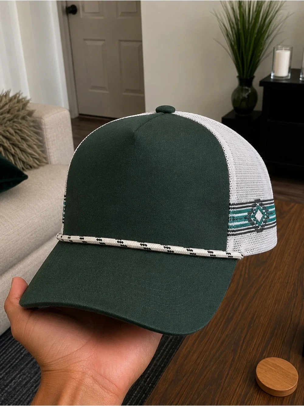 Dark Green and White Trucker Hat with Aztec Accent